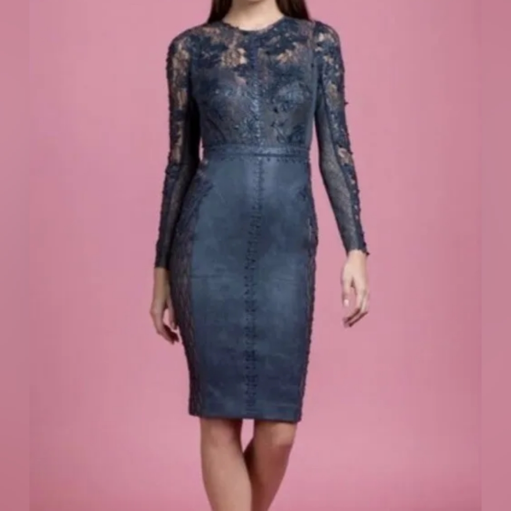 Byron Lars Navy Lace Long-Sleeve Sheath Dress